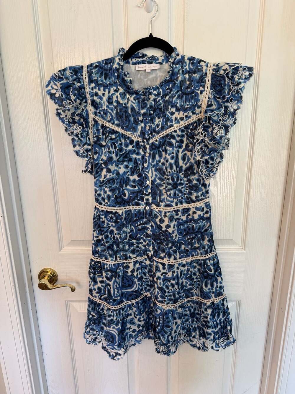 House of Harlow 1960 Melba Blue Floral Tiered Eyelet Button Front Mini Dress